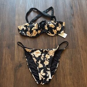 NWT Cupshe Floral Black and Tan Bikini Set (Top-M / Bottom-L)